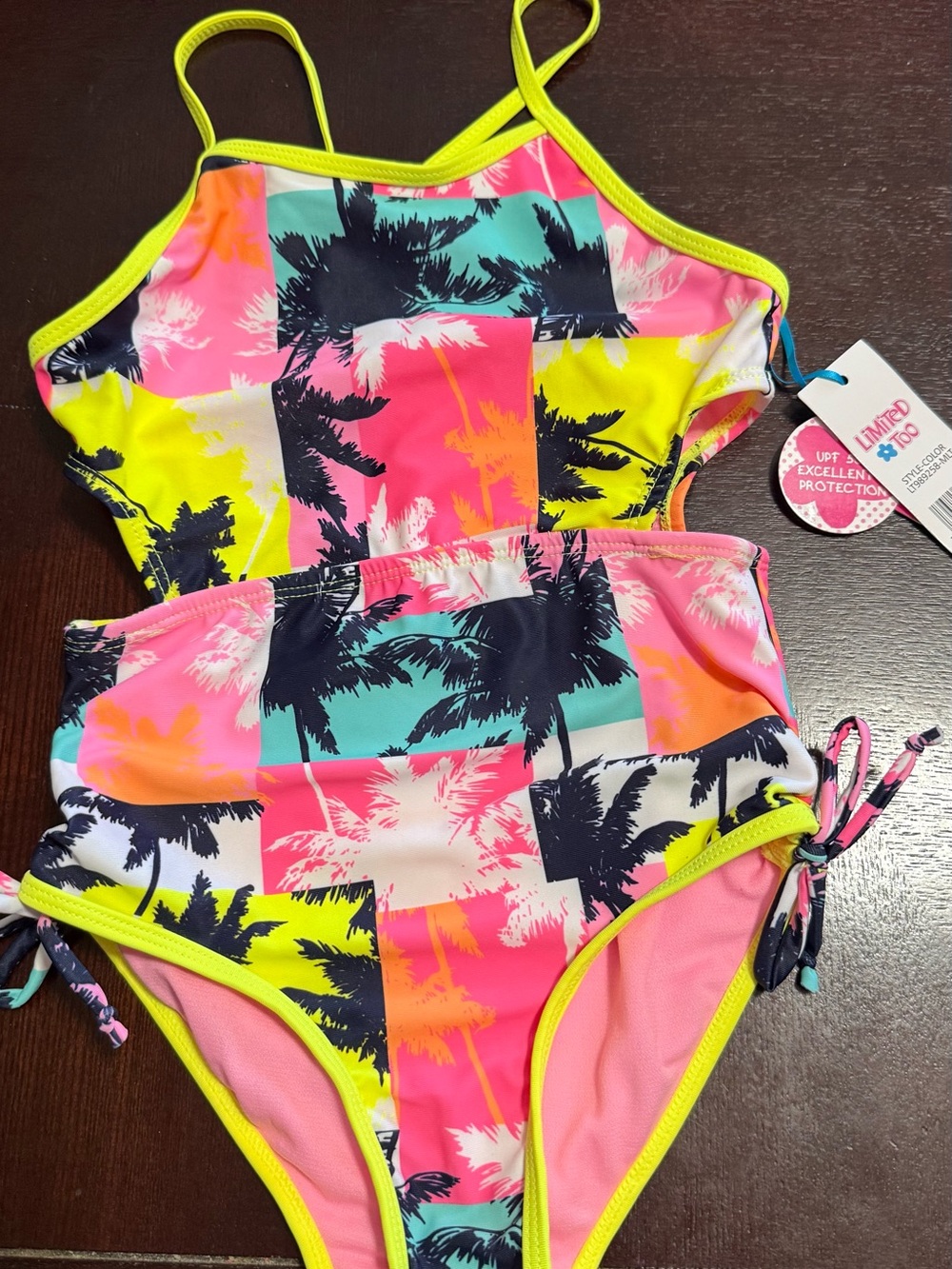 Limited Too Neon Palm Print One-Piece Swimsuit - Pink, Yellow, Aqua, Black